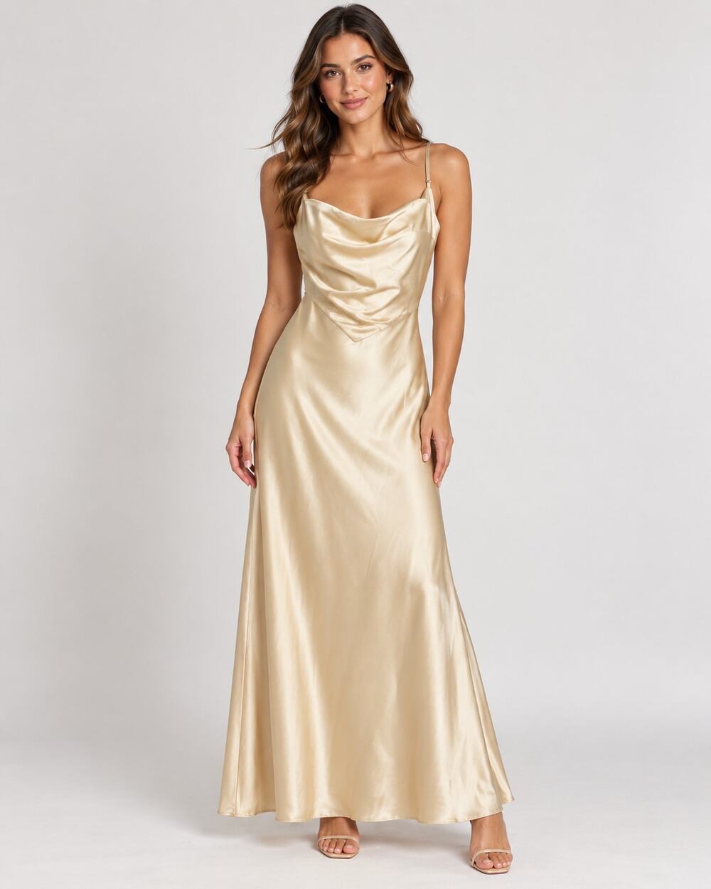Zara Satin Cowl Neck Maxi Dress Champagne Size Large NWT Tie Back Evening Dress